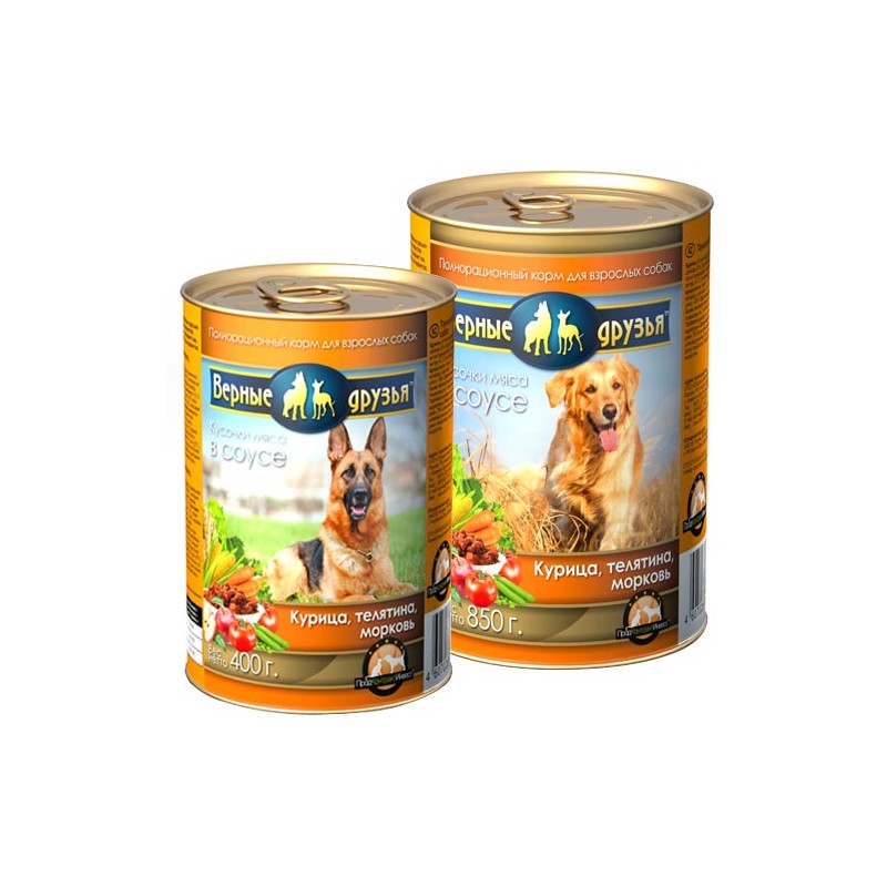 Верные друзья Консерва для собак "Курица, телятина, морковь" кусочки в соусе, 400 гр зоомагазине gavgav-market