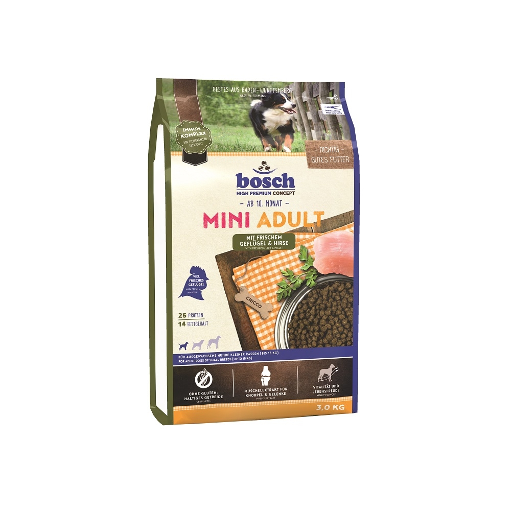 Bosch Mini Adult Poultry & Millet Полнорационный корм для взрослых собак маленьких пород с птицей и просом (3 кг) зоомагазине gavgav-market