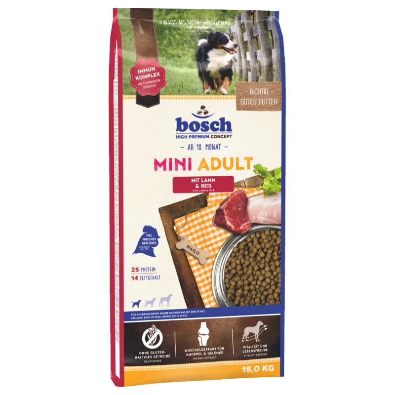 Bosch Mini Adult with Lamb & Rice Полнорационный корм для взрослых собак маленьких пород с ягненком и рисом (15 кг) зоомагазине gavgav-market