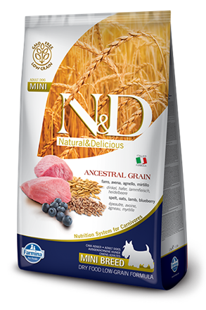 N&D Dog Low Grain Lamb & Blueberry Puppy Mini Спельта, овес, ягненок, черника. Полнорационный низкозерновой корм для щенков беременных и кормящих собак мелких пород. (2,5 кг) зоомагазине gavgav-market