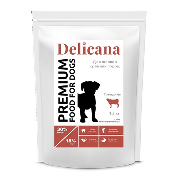 Delicana Сухой корм для щенков средних пород, с говядиной, 1,5 кг зоомагазине gavgav-market